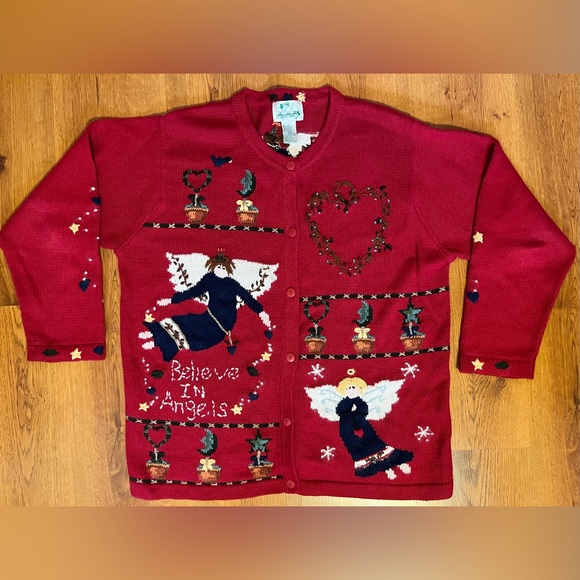 Christmas Sweater The Quacker‎ Factory Believe In Angels Embroidered Cardigan L - Picture 1 of 10